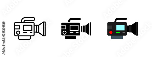 Video camera icon. Professional recording equipment symbol. Digital media production vector illustration. Filmmaking and cinematography pictogram. Studio and broadcast technology concept.