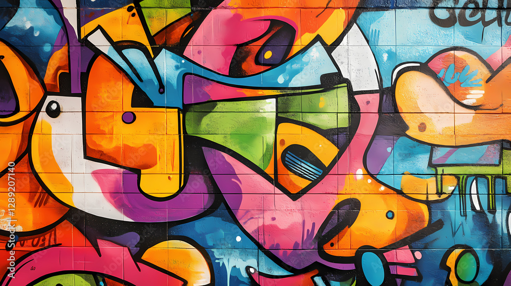 Fototapeta premium Colorful graffiti art on a city wall with vibrant street art and urban landscape background. Vibrant Street Graffiti Wall. Illustration
