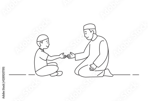 Muslim Handshake vectors, Their interaction reflects love, respect, and the importance of seeking and granting forgiveness. Through this moment, the illustration captures the beauty of maintaining