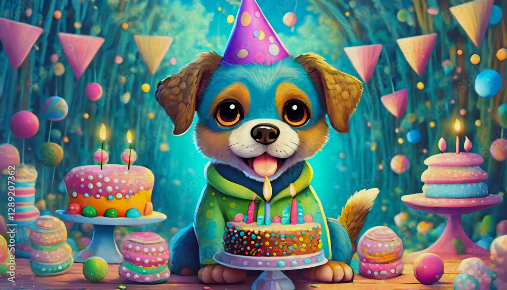 Naklejka premium oil painting style cartoon character illustration baby dog with birthday cake 