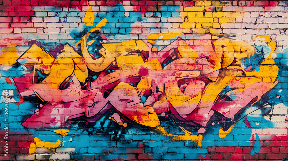 Fototapeta premium Colorful graffiti on a brick wall. Vibrant Street Graffiti Wall. Illustration