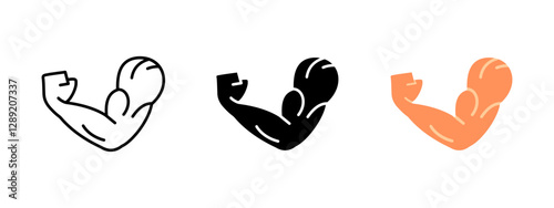 Strong arm biceps icon. Flexed muscular arm symbol. Fitness and bodybuilding vector illustration. Gym workout and strength training pictogram. Power and motivation concept for sports and exercise.