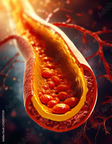 Human artery problems clogged with bad cholesterol sediment. Atherosclerosis disease medical concept. Red blood cells blocked by plaque buildup of fatty compound as symbol of vascular illness
