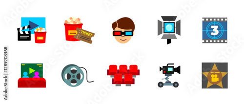 Cinema icon set colorful. Film reel, ticket, popcorn and camera symbol collection. Vector icons for movie theater, entertainment, production and filmmaking. Cinema and movie theater colored icons.