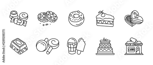 Sweets and desserts icon set. Collection of delicious treats. Cake, candies, ice cream, cookie, lollypop and chocolate. Bakery, confectionery and pastry-related vector icons.
