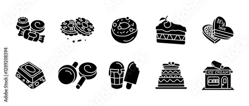 Sweets and desserts silhouette icon set. Collection of delicious treats. Cake, candies, ice cream, cookie, lollypop and chocolate. Bakery, confectionery and pastry-related vector icons black glyphs.