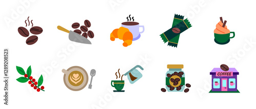 Coffee icon set colored. Cafe, hot beverage brewing and caffeine symbols collection. Beans, cup, grinder and coffee-making elements vector illustration. Espresso drink and barista colorful pictogram.