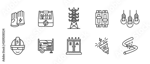Electricity icon set. Power generation, energy and electrical components collection. Voltage, transmission, electrician tools and safety vector illustration. Engineering and industry pictogram.