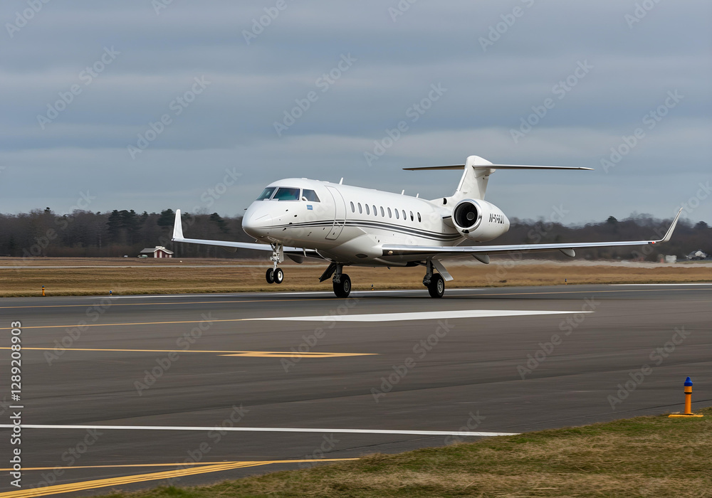 A private jet prepares for takeoff on a clear runway, showcasing modern aviation technology in action. A private jet prepares for takeoff on a clear runway, showcasing modern aviation technology in action.