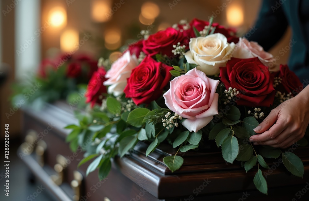 Obraz premium Female hand puts flowers on coffin with red roses, baby breath. Funeral services, decoration, burial. Mourning ceremony, grief, bereavement, floral arrangement, condolences, ritual, religious custom.