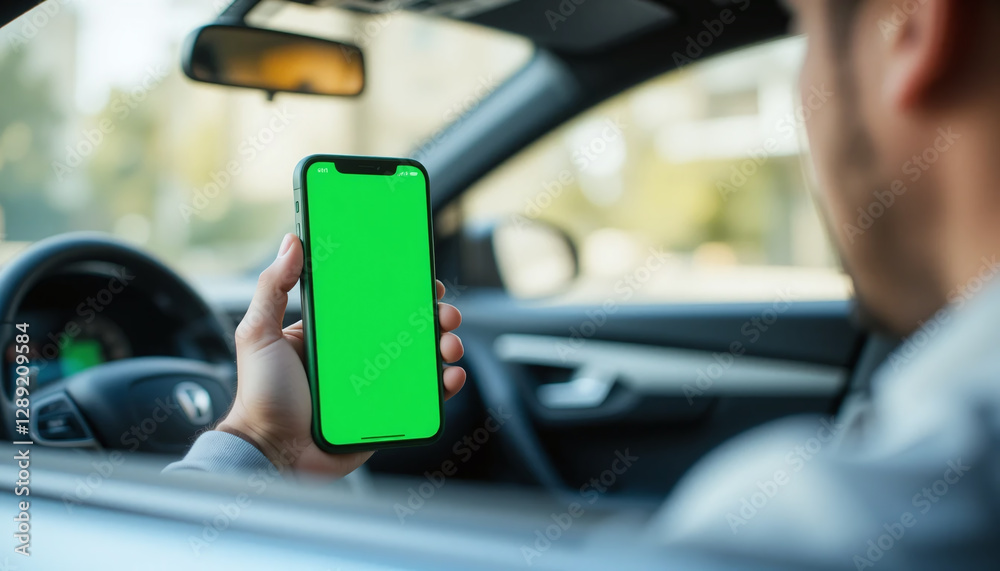 Hands holding a smartphone with a green mock-up screen inside a car, with a sharp foreground and blurred background, symbolizing technology and mobility. Hands holding a smartphone with a green mock-up screen inside a car, with a sharp foreground and blurred background, symbolizing technology and mobility.