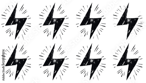 Lightning bolt vector symbol, distressed grunge texture, isolated transparent background, electric power, grunge icon, power flash, energy burst, dynamic design, bold graphic
