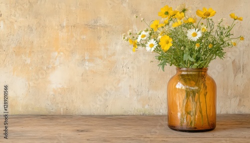 Wallpaper Mural Amber glass vase with yellow and white wildflowers sits on a rustic wooden surface against a textured beige wall. Simple, elegant, and serene Torontodigital.ca