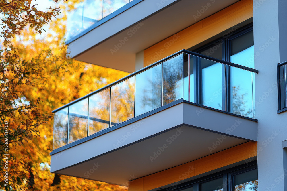 Fototapeta premium A modern vinyl railing on a balcony, clean and functional, urban setting