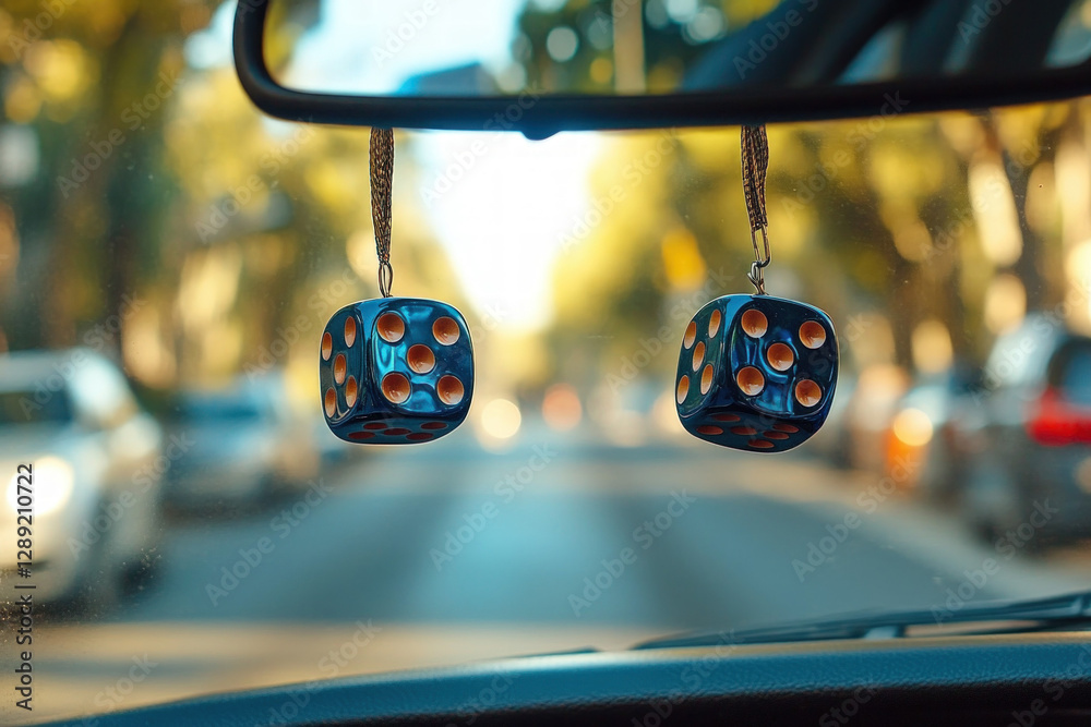 Obraz premium A pair of fluffy dice hanging from a car rearview mirror, retro and playful, automotive theme
