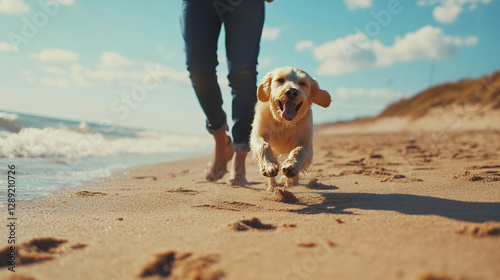 Happy dog running on beach with owner