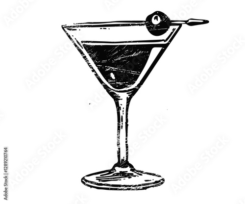 Martini glass stencil vector, retro illustration, distressed texture, transparent background, cocktail design, grunge bar art, vintage drink icon