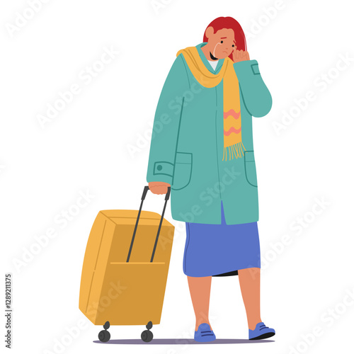 Young sad woman character crying walking with luggage suitcase while leaving home isolated on white
