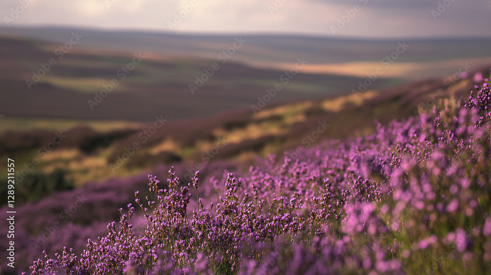 Fototapeta premium Lila Heideblüte in der Weite von North Yorkshire Hügeln