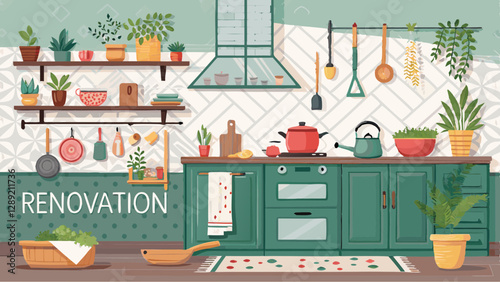  kitchen renovation background, colorful utensils and vibrant kitchen items, energetic and lively cooking space ambiance with copy space  