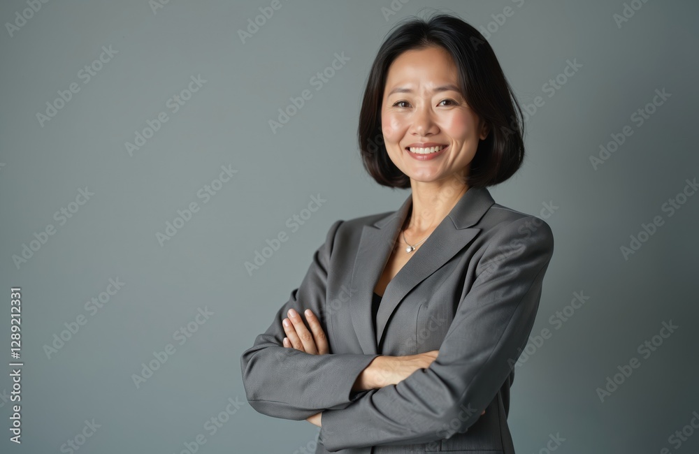 Studio shot of smiling, well-dressed mature Asian businesswoman against neutral gray background. Confident woman in 50s posing with crossed arms in formal grey suit. Headshot of elegant, happy Studio shot of smiling, well-dressed mature Asian businesswoman against neutral gray background. Confident woman in 50s posing with crossed arms in formal grey suit. Headshot of elegant, happy