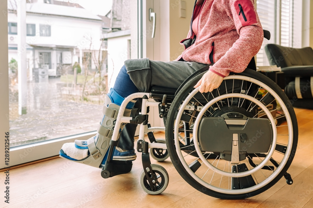Obraz premium Detail or woman in a wheelchair with leg brace after sport injury