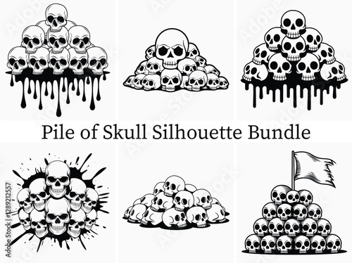 Black and white pile of skull silhouette clipart bundle design of human skulls piled high, each skull a silent testament to mortality.