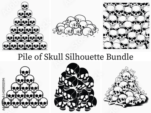 Black and white pile of skull silhouette clipart bundle design of human skulls piled high, each skull a silent testament to mortality.
