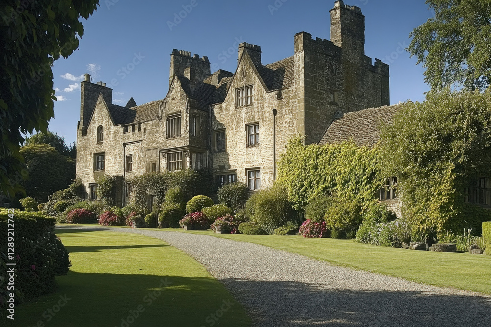 A scenic view of Stokesay Castle, historic and dramatic, architectural beauty