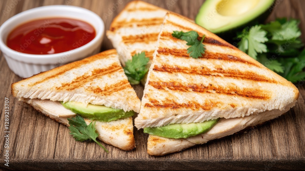 A grilled chicken avocado sandwich served on a wooden cutting board, garnished with fresh herbs and accompanied by a small bowl of homemade sauce, evoking a warm and inviting atmosphere. A grilled chicken avocado sandwich served on a wooden cutting board, garnished with fresh herbs and accompanied by a small bowl of homemade sauce, evoking a warm and inviting atmosphere.