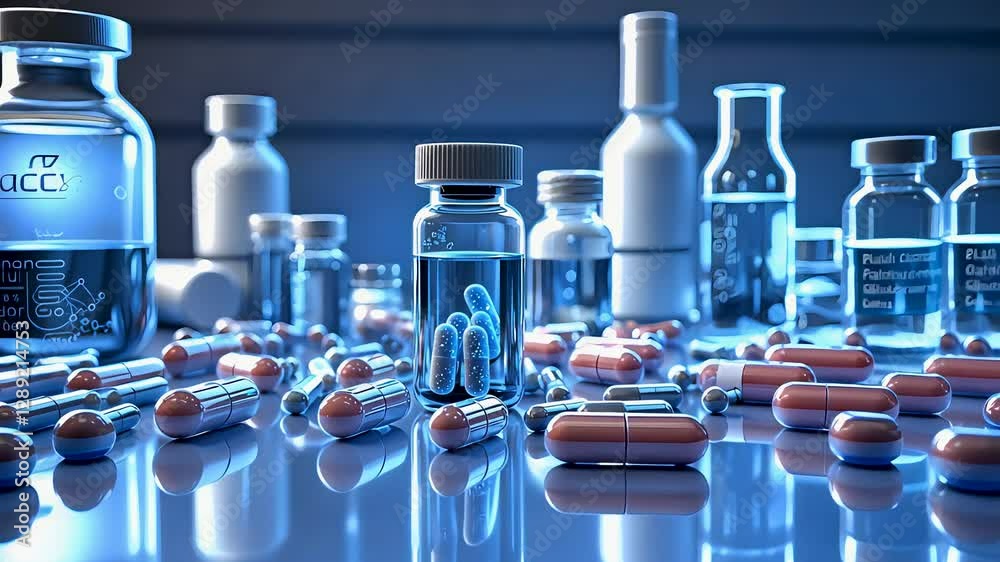 Collection of pharmaceutical pills, capsules, and bottles with a futuristic blue lighting effect on a reflective surface
