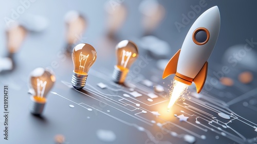 A rocket launching from a circuit board, surrounded by illuminated light bulbs, symbolizing innovation and tec