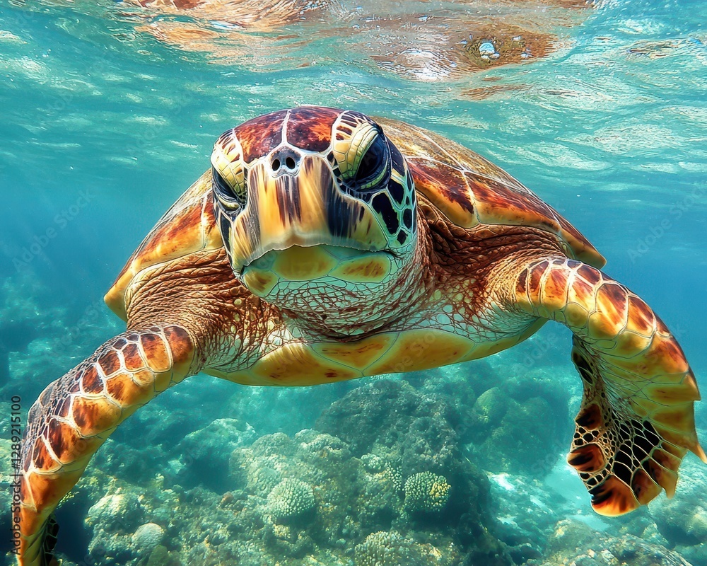 Fototapeta premium Colorful Honu Underwater: Vibrant Sea Turtle Swimming Through Crystal Clear Hawaiian Waters