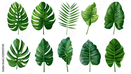 Green tropical leaves, vector natural isolated on transparent background, summer foliage, botanical greenery, nature, exotic plants, lush leaves, fresh foliage backdrop