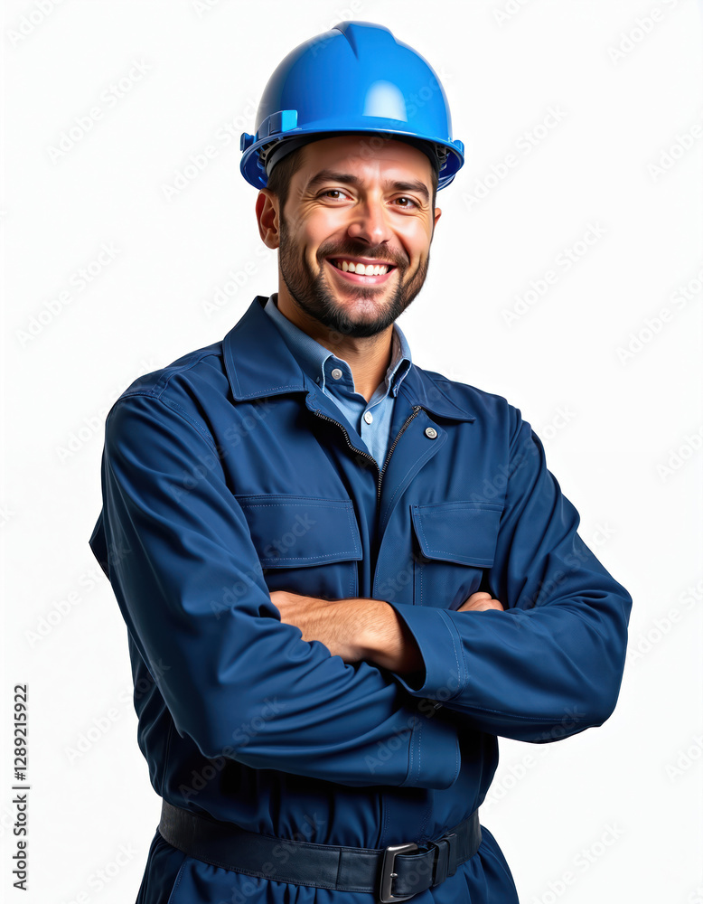 Smiling technical man in blue uniform, hardhat on white background. Mechanic, builder with arms crossed. Technician, engineer, repairman, installer, construction worker, handyman, contractor concept. Smiling technical man in blue uniform, hardhat on white background. Mechanic, builder with arms crossed. Technician, engineer, repairman, installer, construction worker, handyman, contractor concept.