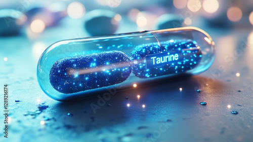 Brightly lit taurine capsule placed on a surface surrounded by twinkling lights and glimmering particles at a science-themed event in the evening