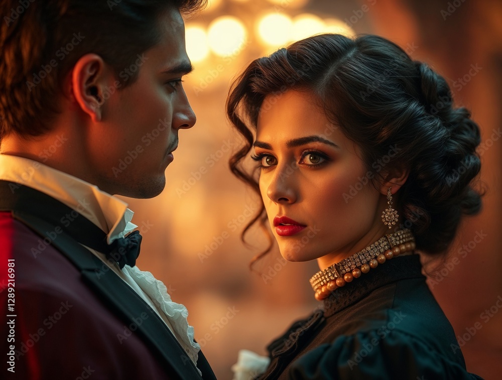 Elegant dressed couple in historical romance setting with intense gaze and dramatic lighting