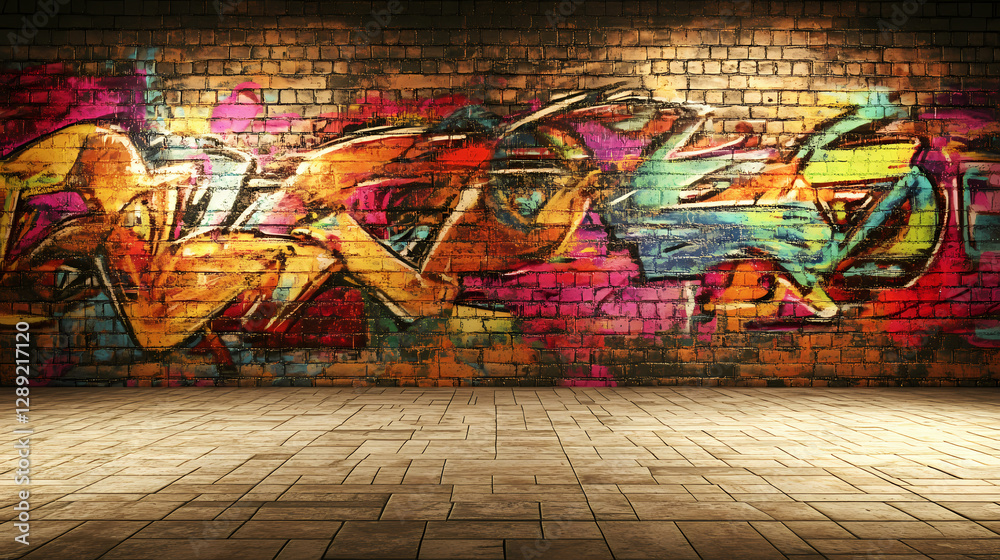 Obraz premium Vibrant graffiti street texture, bold colorful sprays on a weathered wall with dynamic urban energy. Vibrant Street Graffiti Wall. Illustration