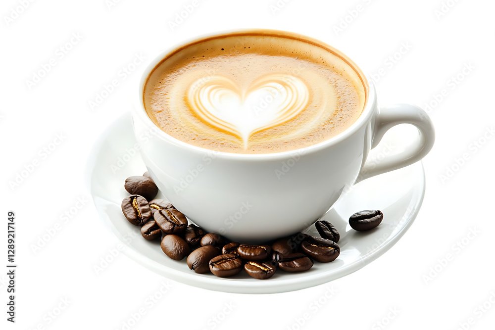 Latte art heart in white cup with beans. Latte art heart in white cup with beans.
