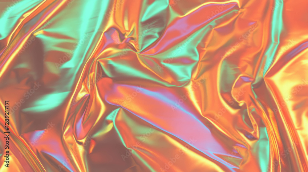 Obraz premium Vibrant rumpled brass foil texture with warm colorful reflection for artistic design