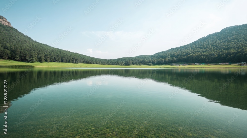 Fototapeta premium Serene landscape with calm lake reflecting mountains and lush gr