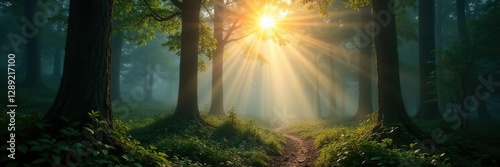 Dense forest with sunlight breaking through morning fog, dawn, morning, forests