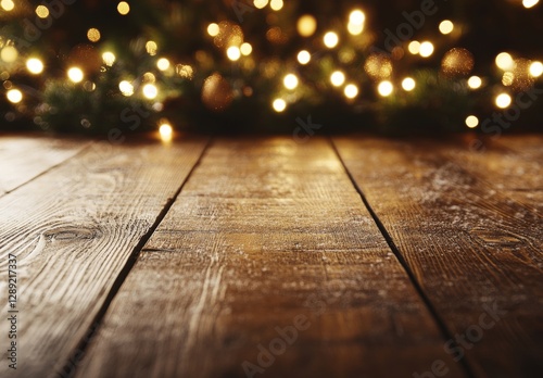 Christmas decor for presentation features festive beautiful winter nature with fir branches and empty wooden flooring