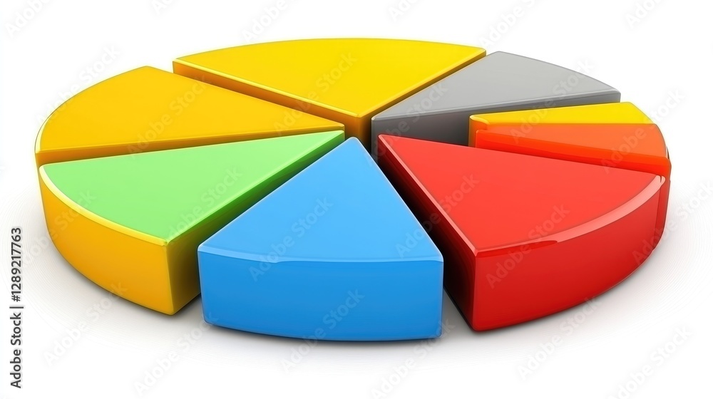 Obraz premium A rotating D pie chart with bold colors and segmented slices, representing different market shares. The chart is displayed against a white background with light reflections.