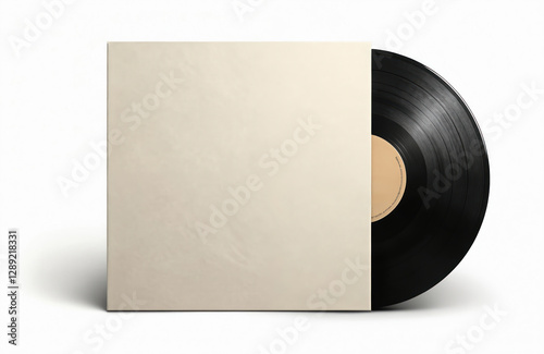Vintage vinyl record with blank label peeks out from album cover on white background. Retro LP disc for classic sound playback, vintage design and music.