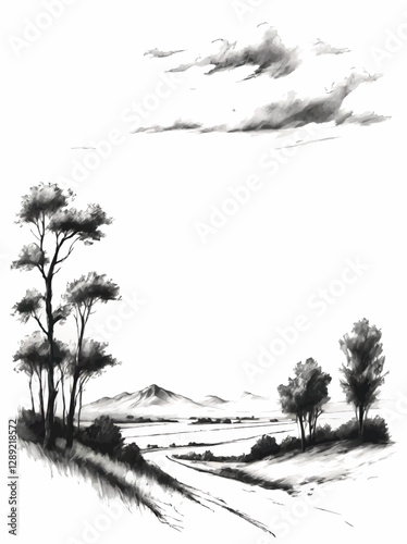 landscape pencil sketch pattern with trees, clouds and mountains and white area for insertion