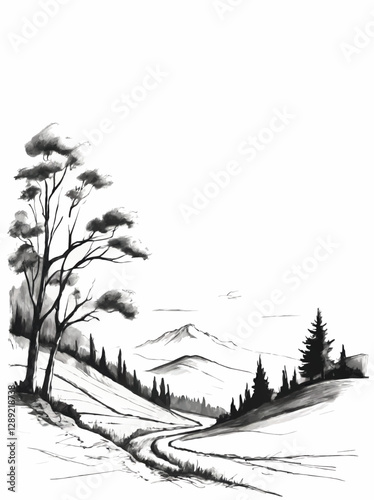 sketch landscape with trees, mountains and pathway vector illustration with blank area for insertion