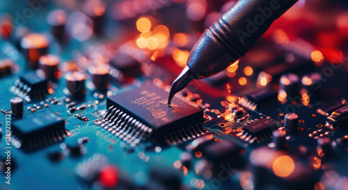 Detailed examination of a circuit board reveals various electronic components, with a soldering tool working on a chip