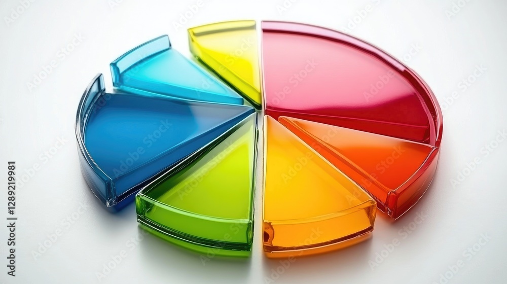 Fototapeta premium A sleek D pie chart with glossy segments in various shades of red, blue, and green. The chart is set against a minimal white background, with subtle shadows for depth.