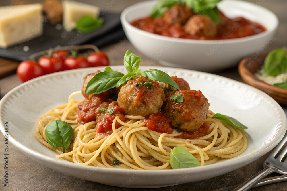 Classic Italian Spaghetti with Meatballs and Tomato Sauce Garnished with Basil Classic Italian Spaghetti with Meatballs and Tomato Sauce Garnished with Basil